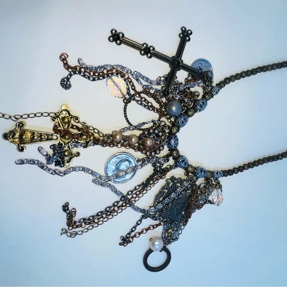 Treska Artisan Necklace Statement NEW Cross Coin Beaded Multicolored Funky Boho - Picture 2 of 14